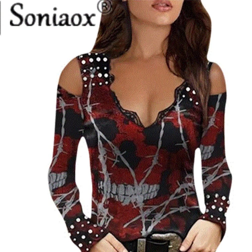 Skull Print women’s top shirt lace v neck long sleeve